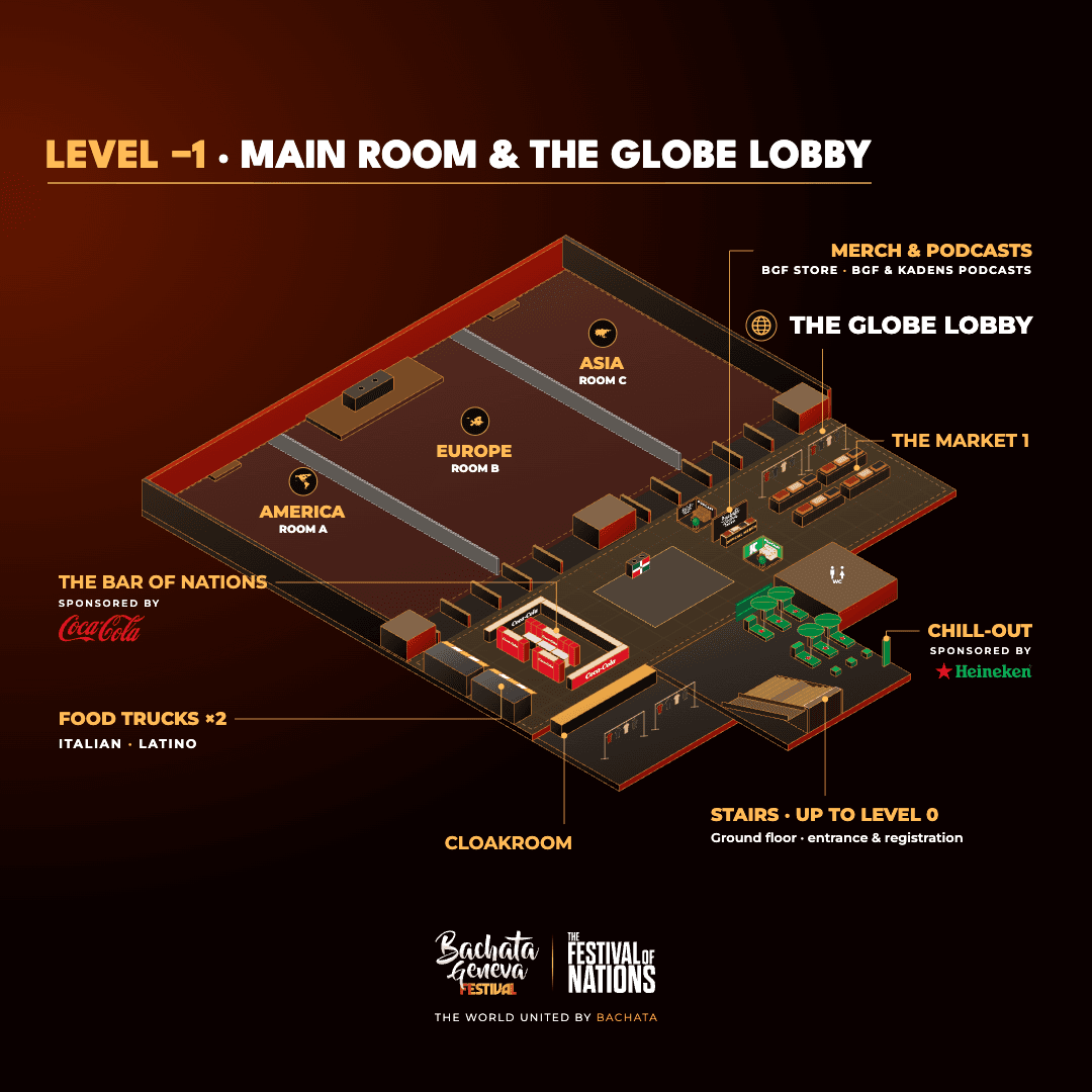 Isometric map of level -1 at Palexpo: the Main Room and The Globe Lobby